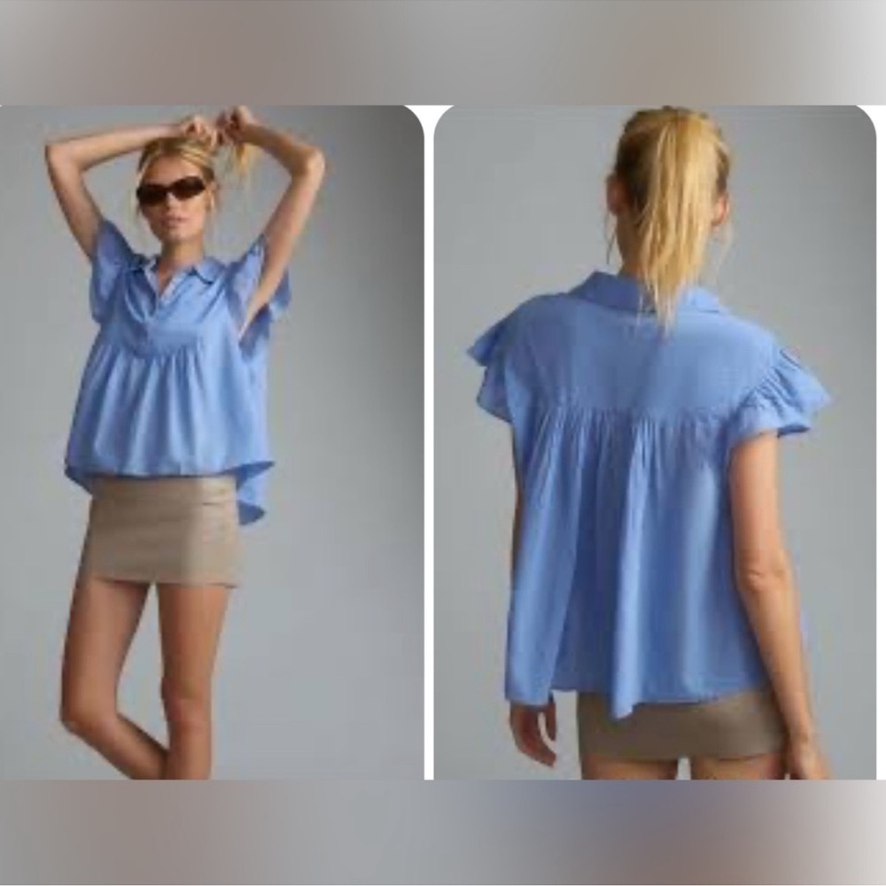 Pilcro Blue Short Flutter Sleeve Collared Button Up Babydoll Top Womens medium.